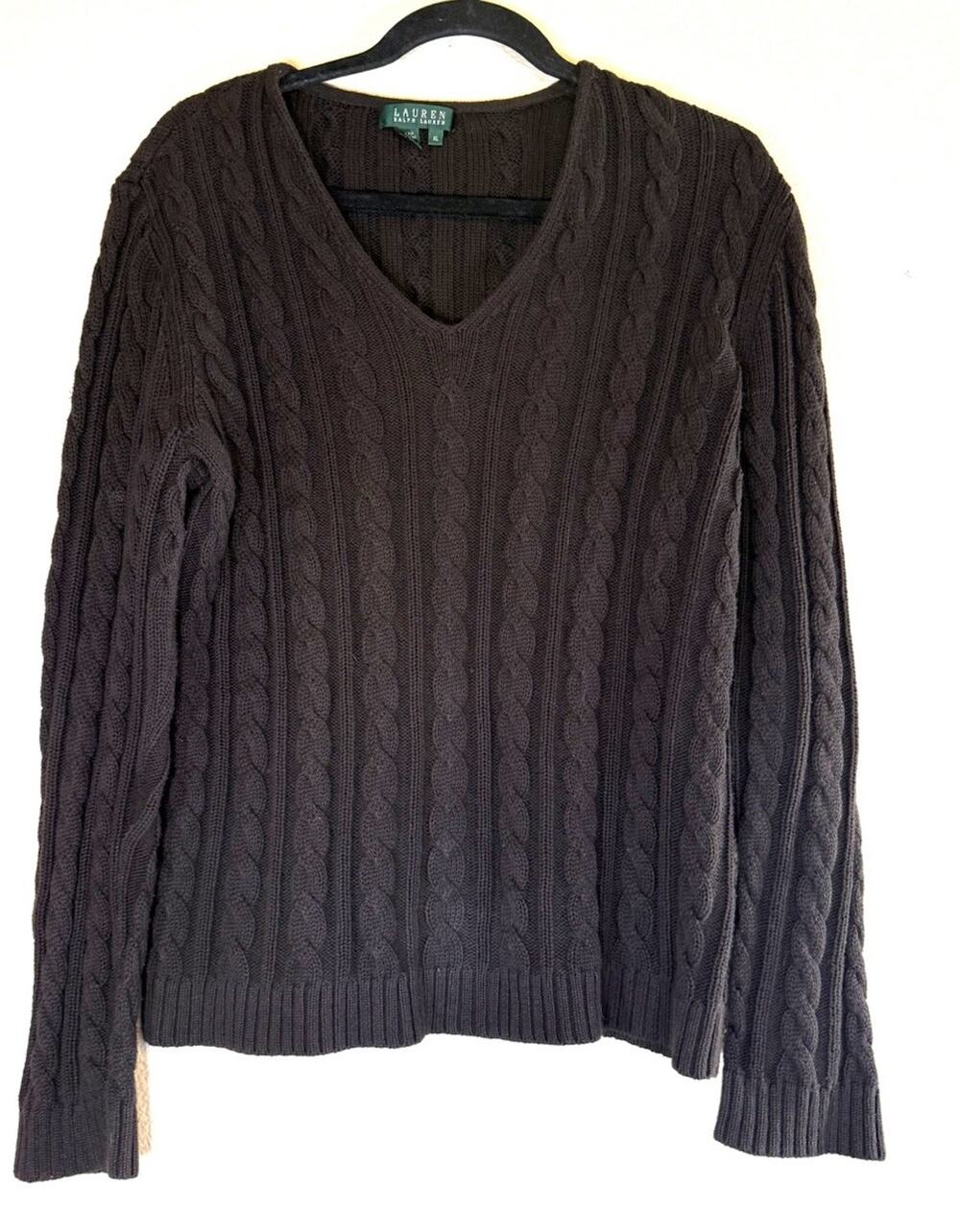LAUREN RALPH LAUREN Sweater Size XL Cable Knit 100% Cotton Dark Brown
